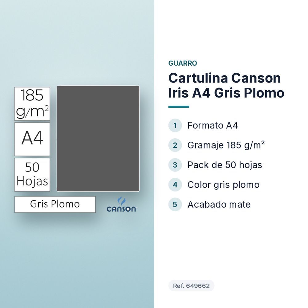 CARTULINA CANSON IRIS A4 GRIS PLOMO - características principales