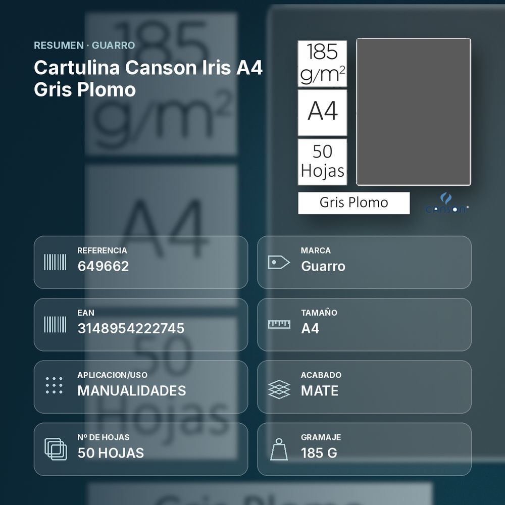 CARTULINA CANSON IRIS A4 GRIS PLOMO - resumen de atributos