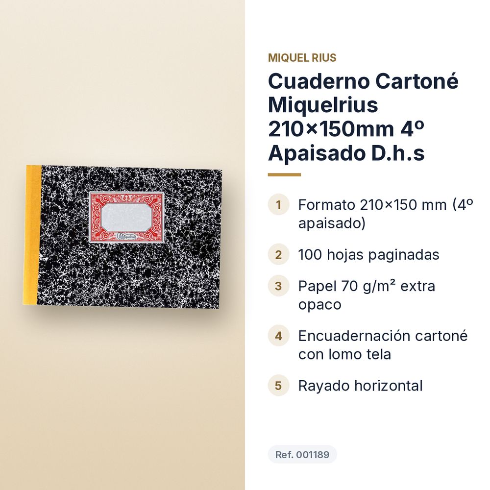 CUADERNO CARTONÉ MIQUELRIUS 210×150MM 4º APAISADO D.H.S - características principales