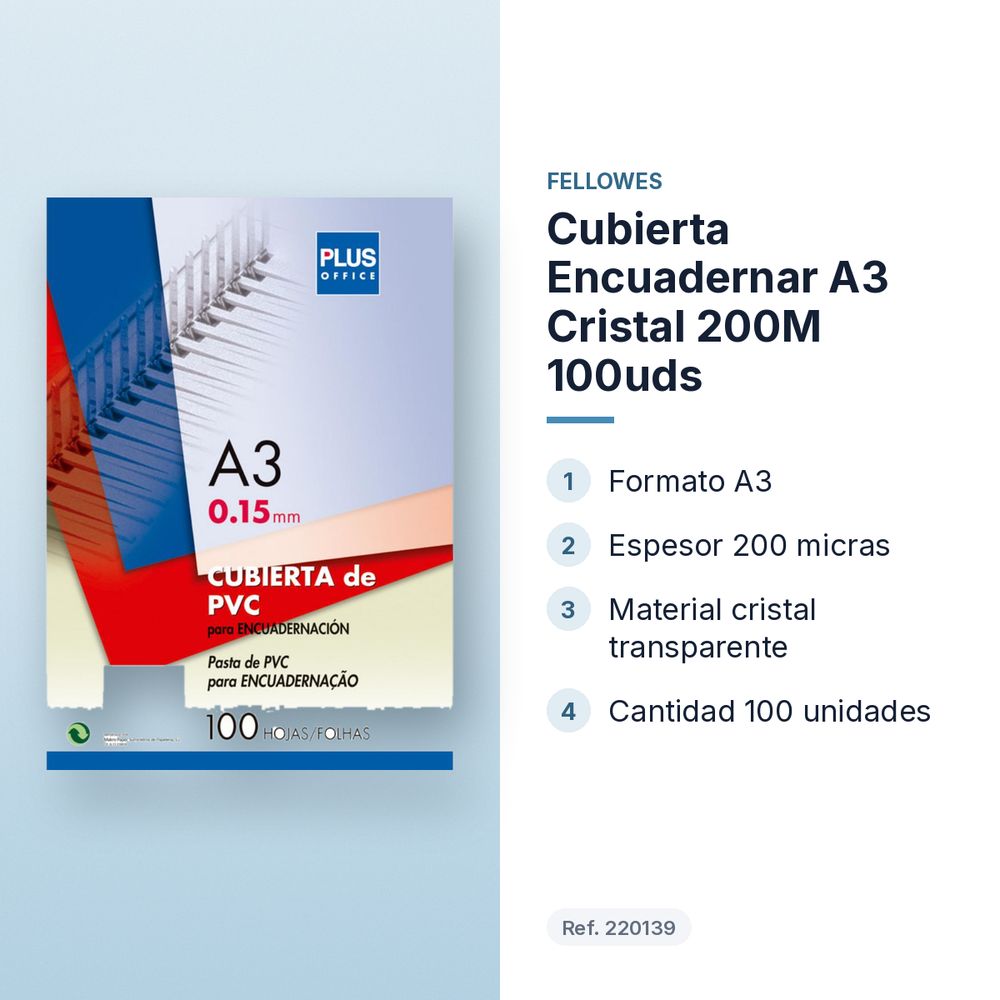 CUBIERTA ENCUADERNAR A3 CRISTAL 200M 100UDS - características principales
