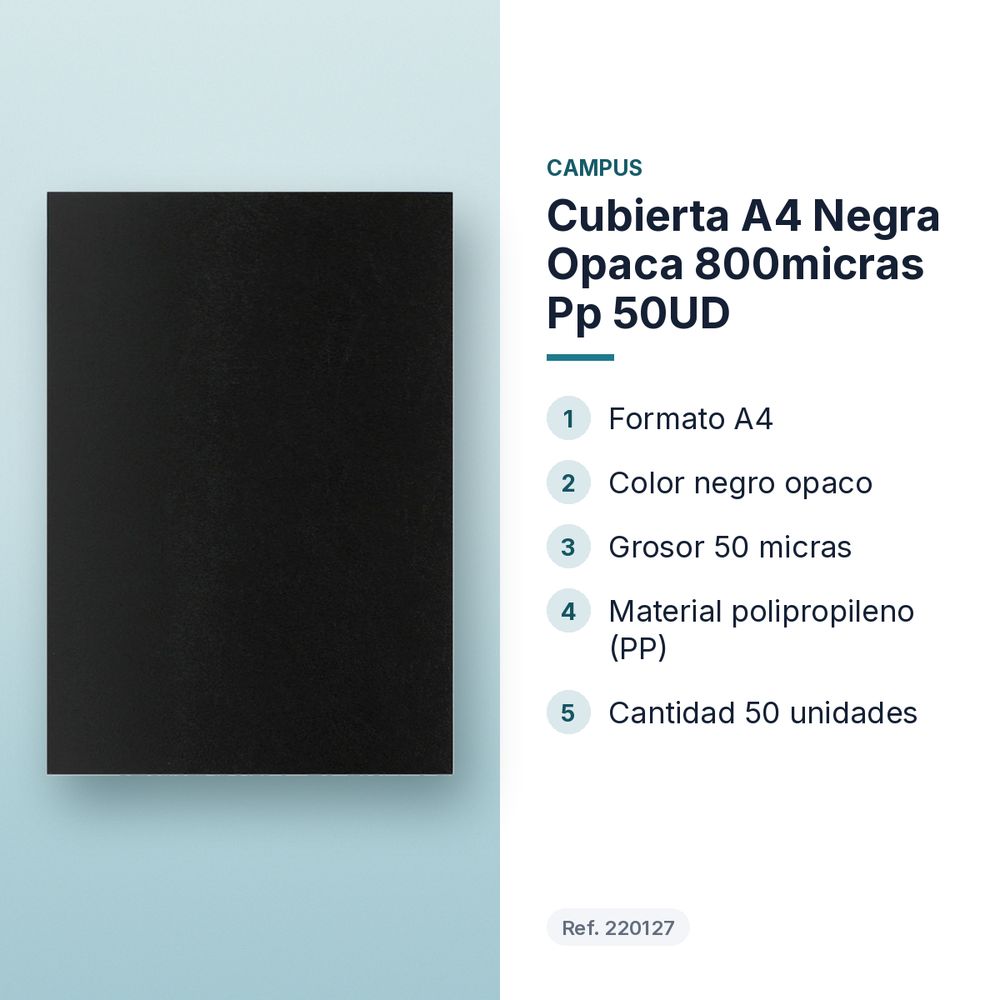 CUBIERTA A4 NEGRA OPACA 800MICRAS PP 50UD - características principales
