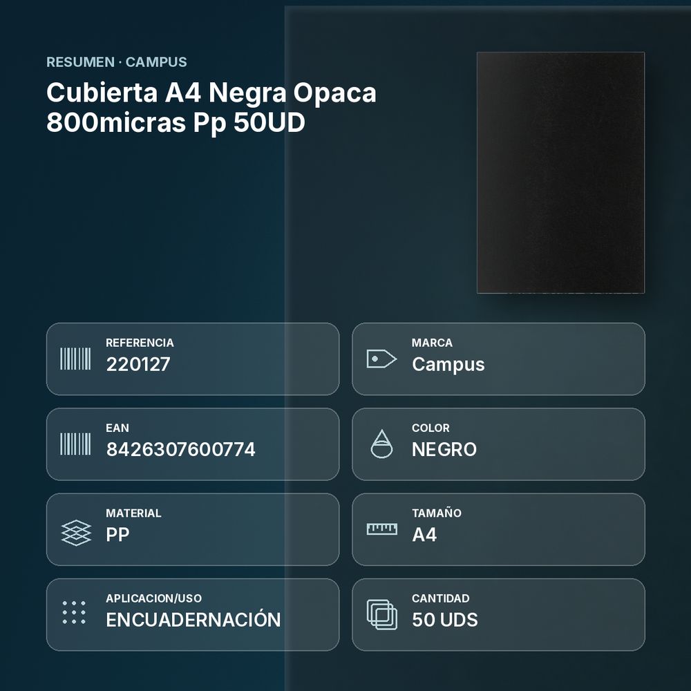 CUBIERTA A4 NEGRA OPACA 800MICRAS PP 50UD - resumen de atributos