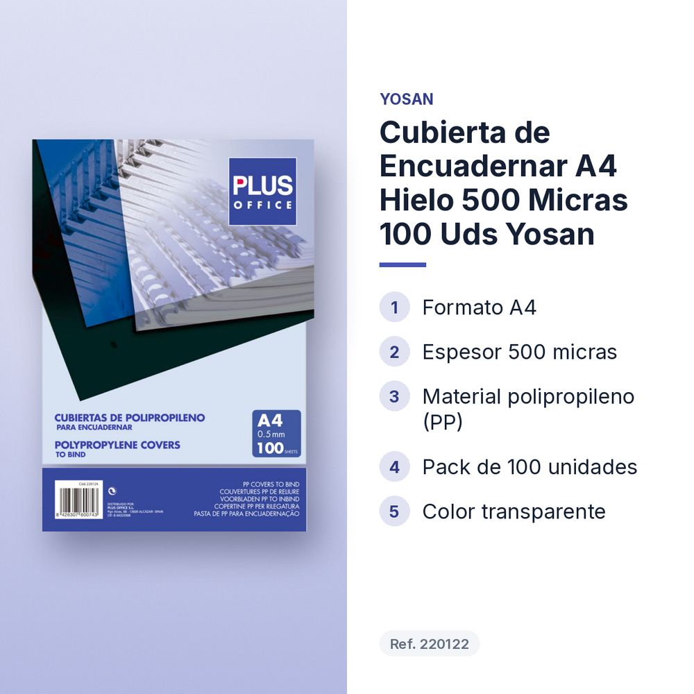 CUBIERTA DE ENCUADERNAR A4 HIELO 500 MICRAS 100 UDS YOSAN - características principales
