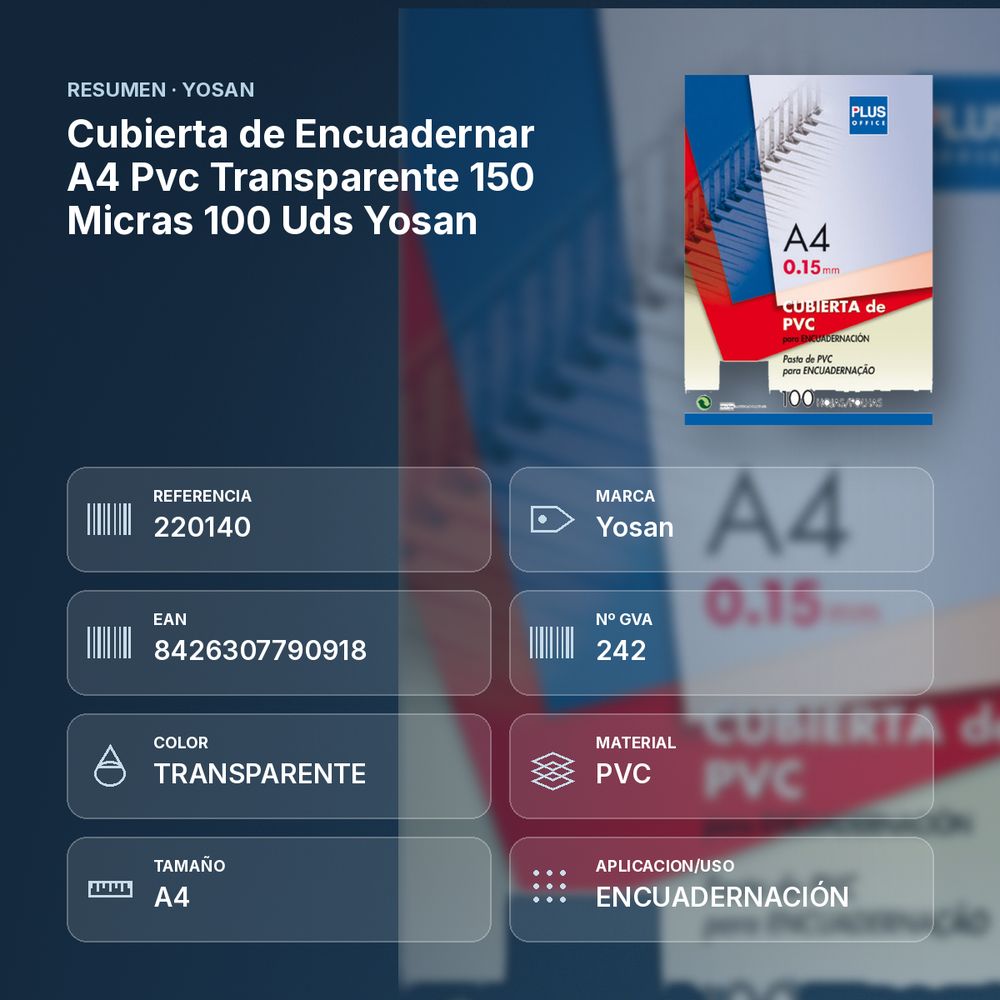 CUBIERTA DE ENCUADERNAR A4 PVC TRANSPARENTE 150 MICRAS 100 UDS YOSAN - resumen de atributos