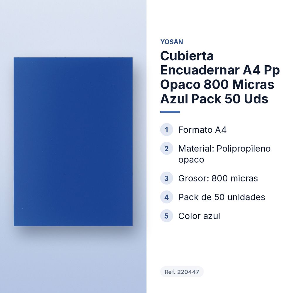 CUBIERTA ENCUADERNAR A4 PP OPACO 800 MICRAS AZUL PACK 50 UDS - características principales