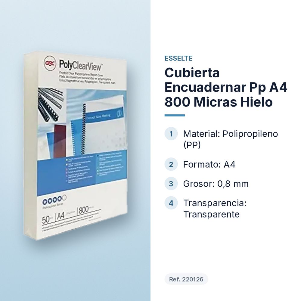 CUBIERTA ENCUADERNAR PP A4 800 MICRAS HIELO - características principales