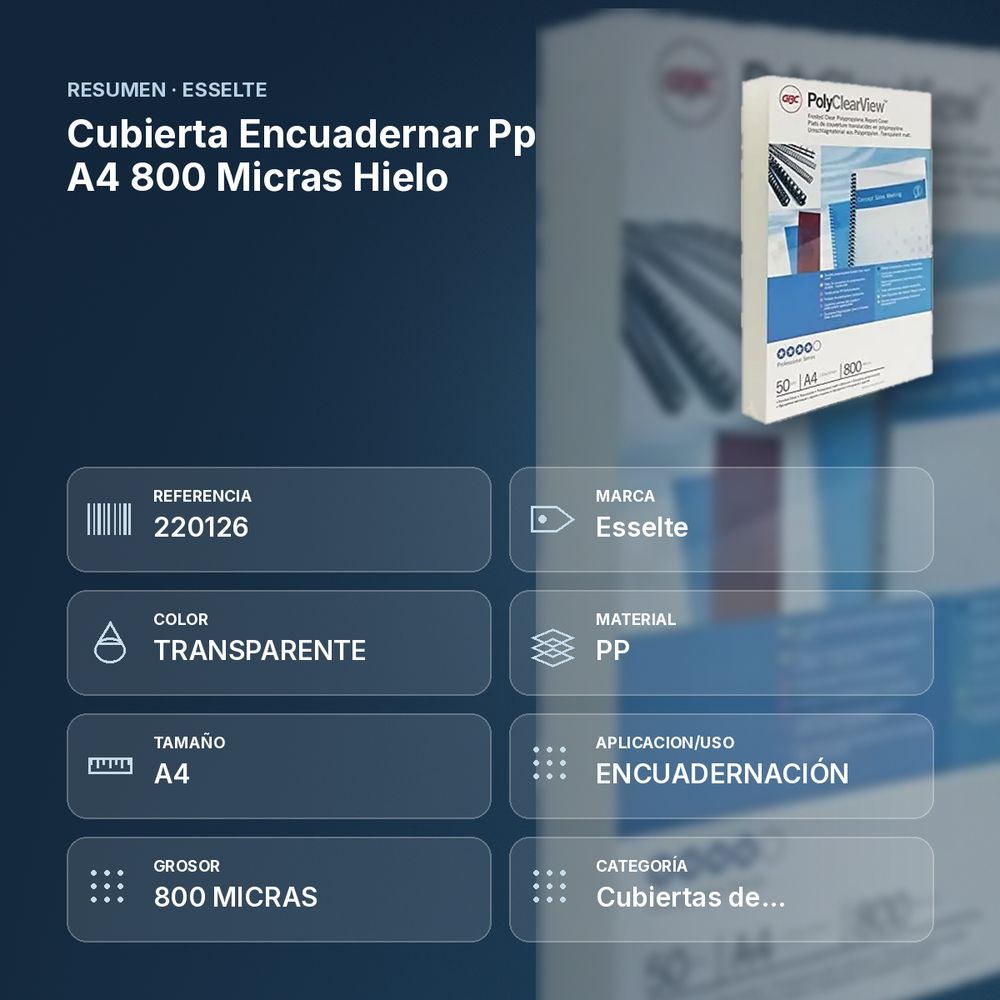 CUBIERTA ENCUADERNAR PP A4 800 MICRAS HIELO - resumen de atributos