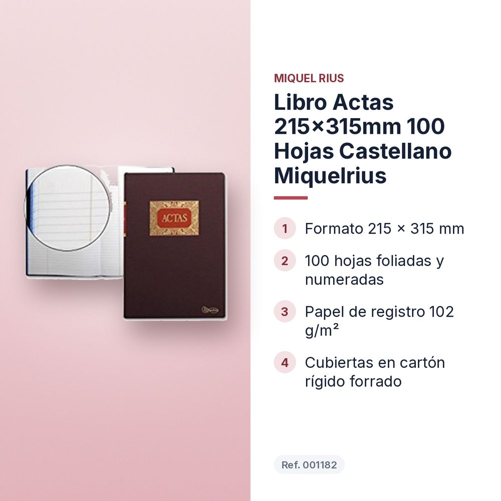 LIBRO ACTAS 215X315MM 100 HOJAS CASTELLANO MIQUELRIUS - características principales