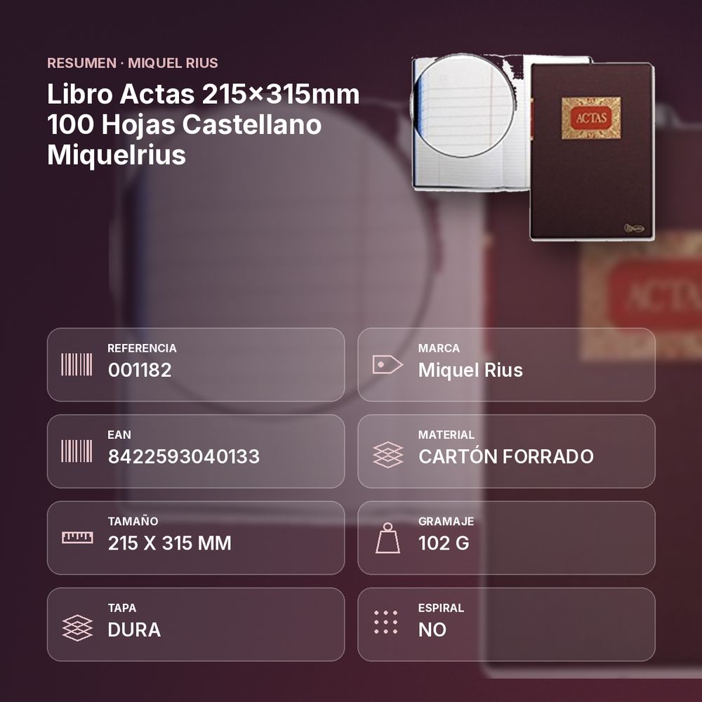 LIBRO ACTAS 215X315MM 100 HOJAS CASTELLANO MIQUELRIUS - resumen de atributos