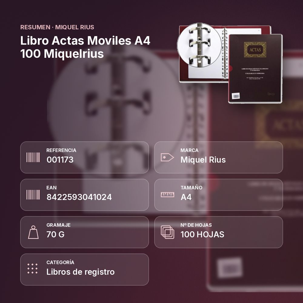 LIBRO ACTAS MOVILES A4 100 MIQUELRIUS - resumen de atributos