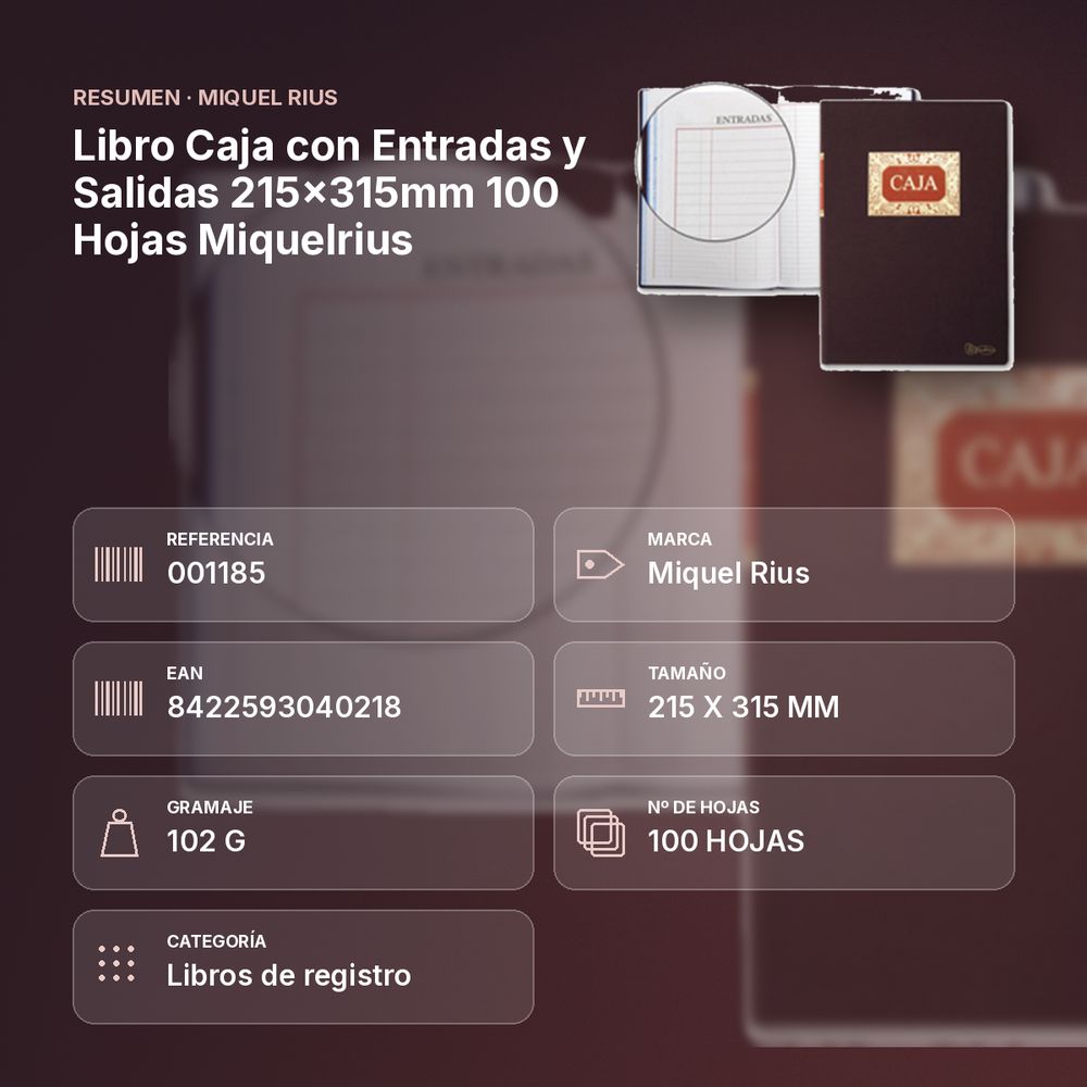 LIBRO CAJA CON ENTRADAS Y SALIDAS 215X315MM 100 HOJAS MIQUELRIUS - resumen de atributos