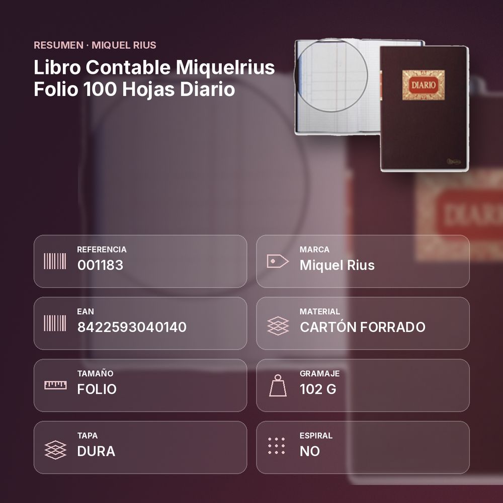 LIBRO CONTABLE MIQUELRIUS FOLIO 100 HOJAS DIARIO - resumen de atributos