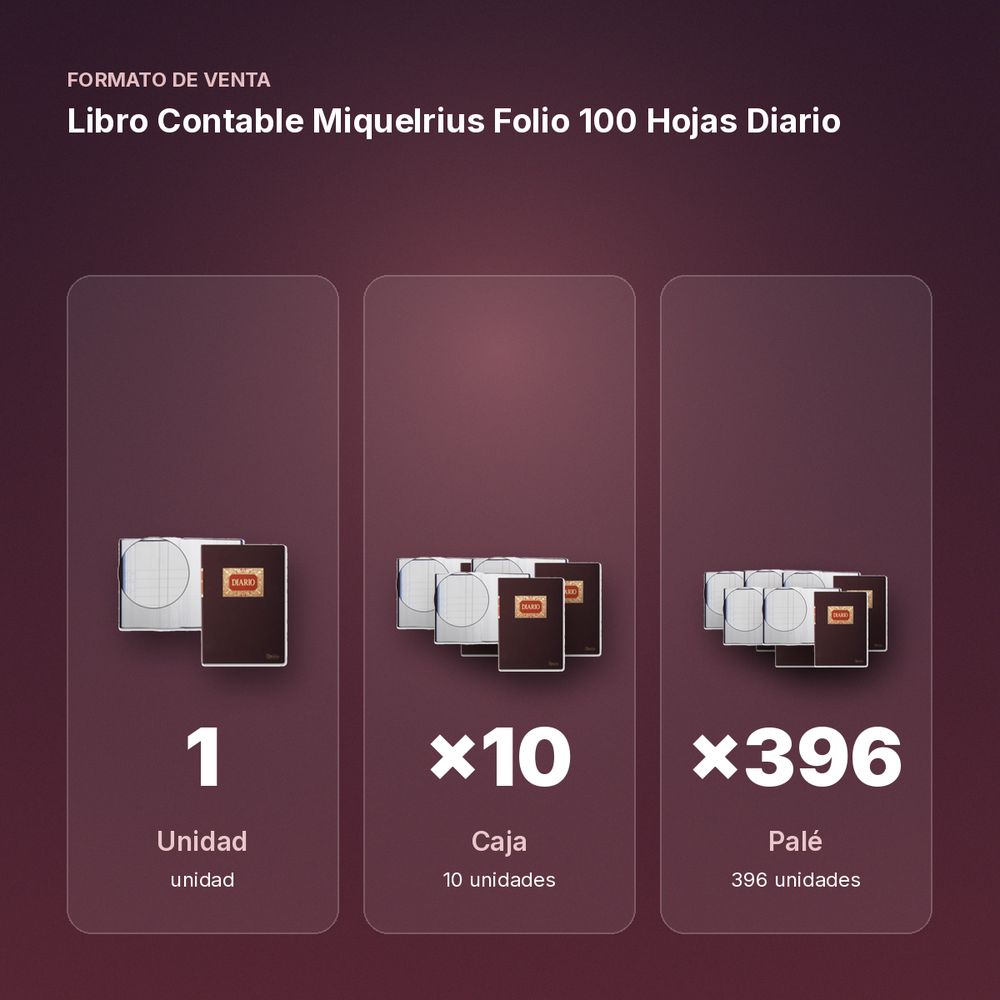 LIBRO CONTABLE MIQUELRIUS FOLIO 100 HOJAS DIARIO - formato de venta: caja de 10, palé de 396