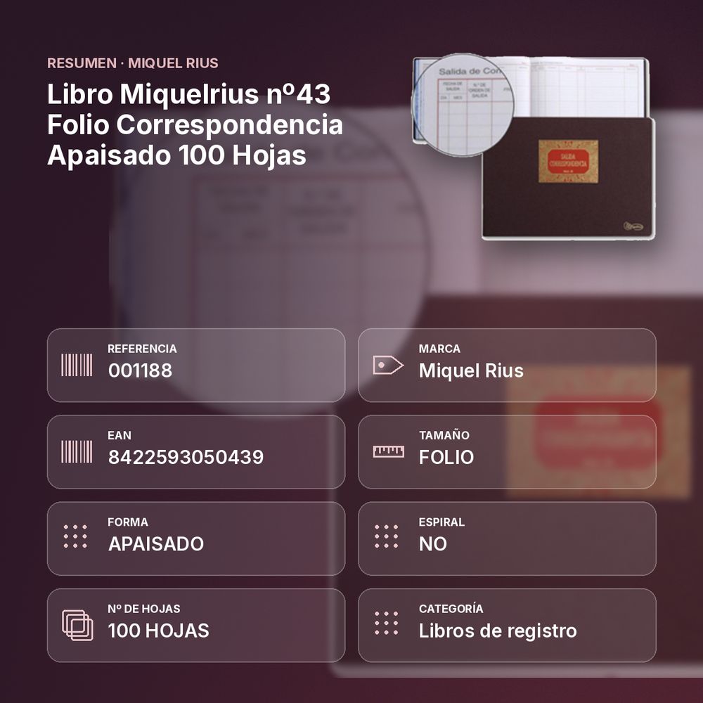 LIBRO MIQUELRIUS Nº43 FOLIO CORRESPONDENCIA APAISADO 100 HOJAS  - resumen de atributos