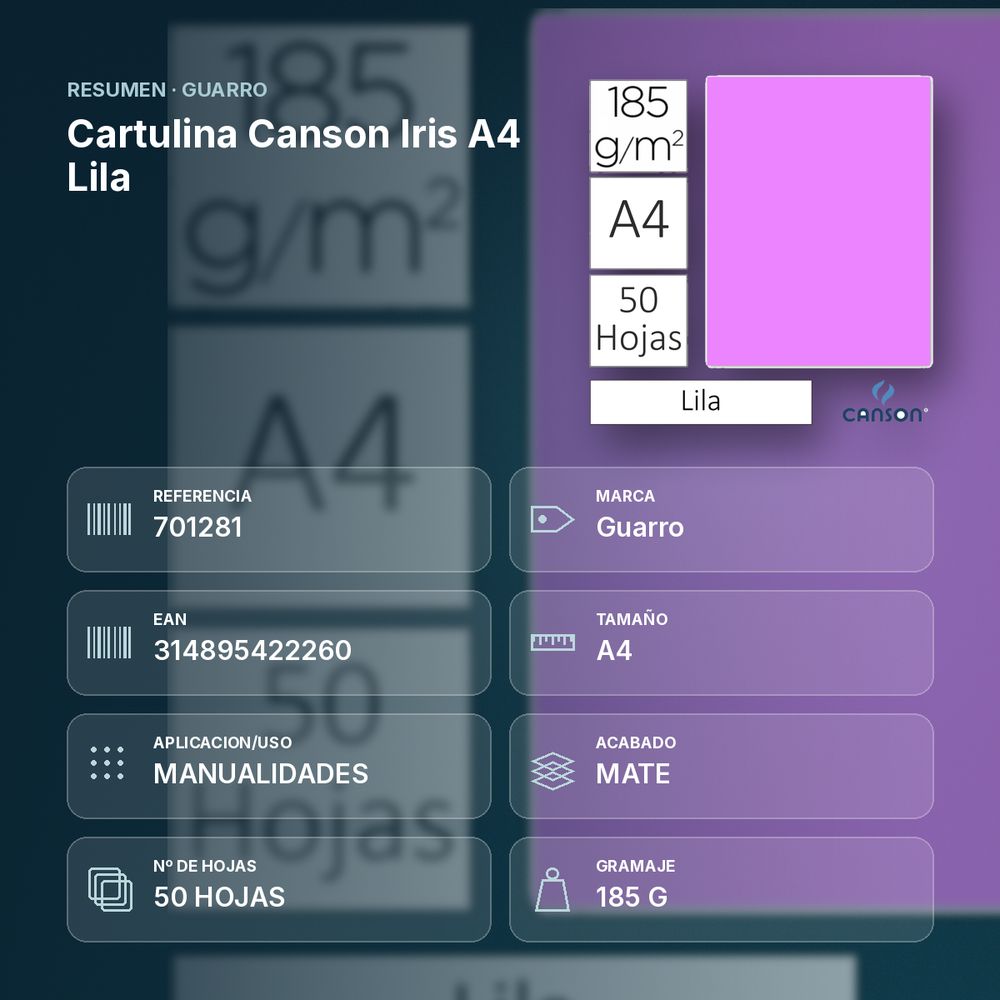 CARTULINA CANSON IRIS A4 LILA - resumen de atributos