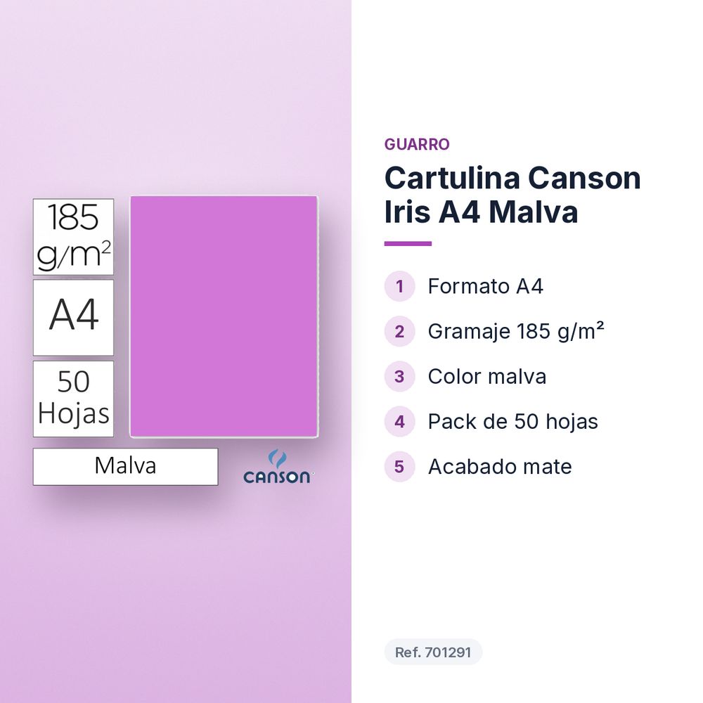 CARTULINA CANSON IRIS A4 MALVA - características principales