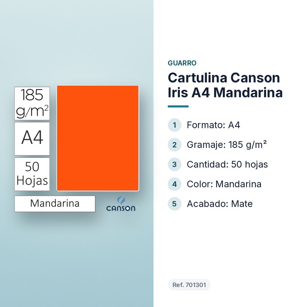 CARTULINA CANSON IRIS A4 MANDARINA - características principales