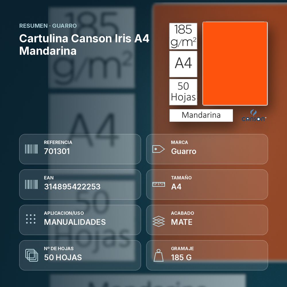 CARTULINA CANSON IRIS A4 MANDARINA - resumen de atributos