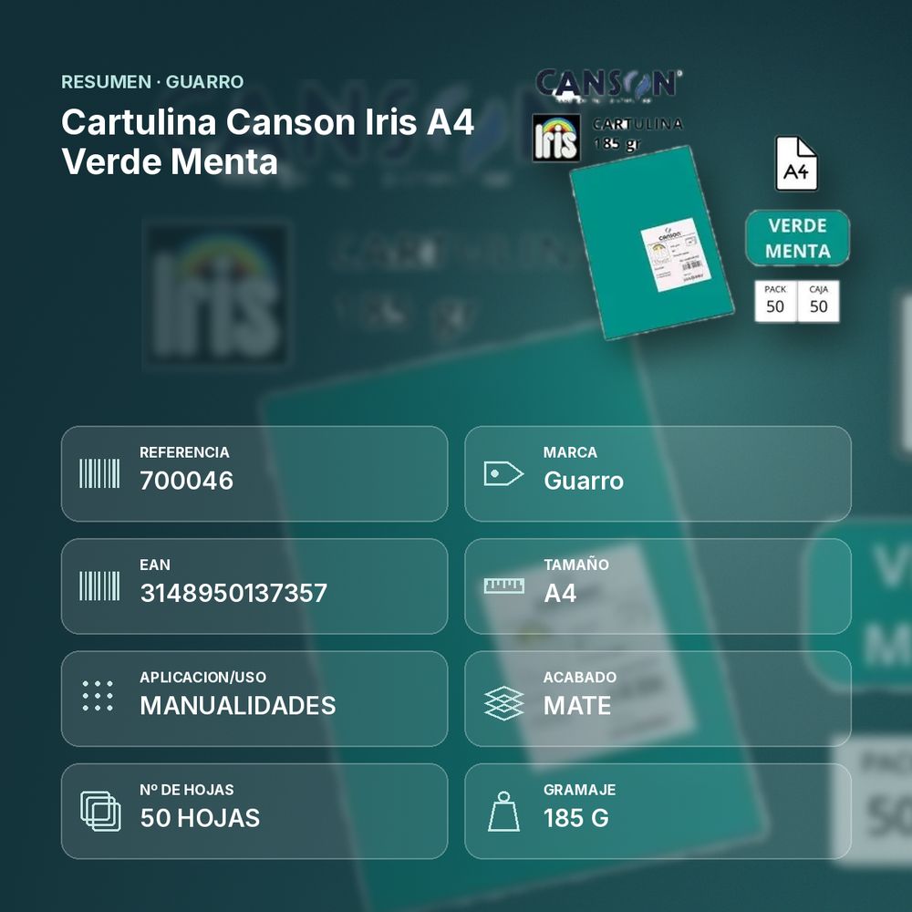 CARTULINA CANSON IRIS A4 VERDE MENTA - resumen de atributos