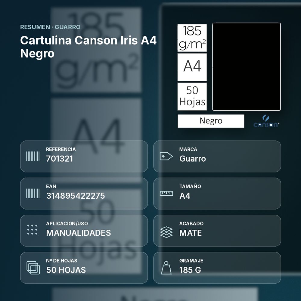 CARTULINA CANSON IRIS A4 NEGRO - resumen de atributos