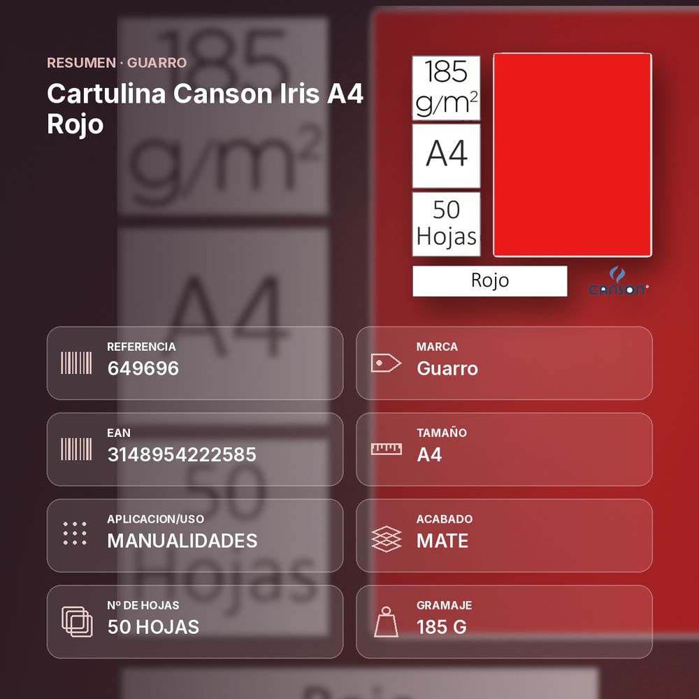 CARTULINA CANSON IRIS A4 ROJO - resumen de atributos