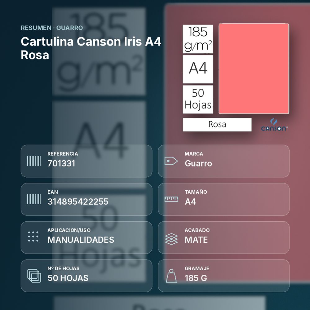 CARTULINA CANSON IRIS A4 ROSA - resumen de atributos