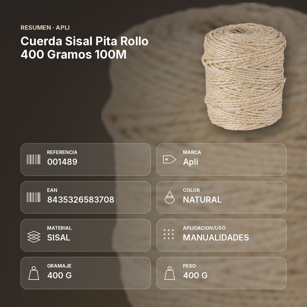 CUERDA SISAL PITA ROLLO 400 GRAMOS 100M - resumen de atributos