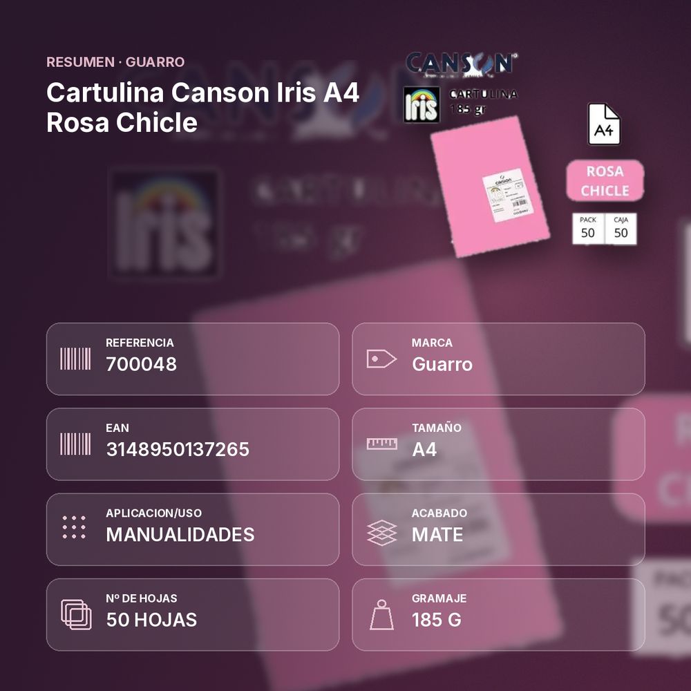CARTULINA CANSON IRIS A4 ROSA CHICLE - resumen de atributos