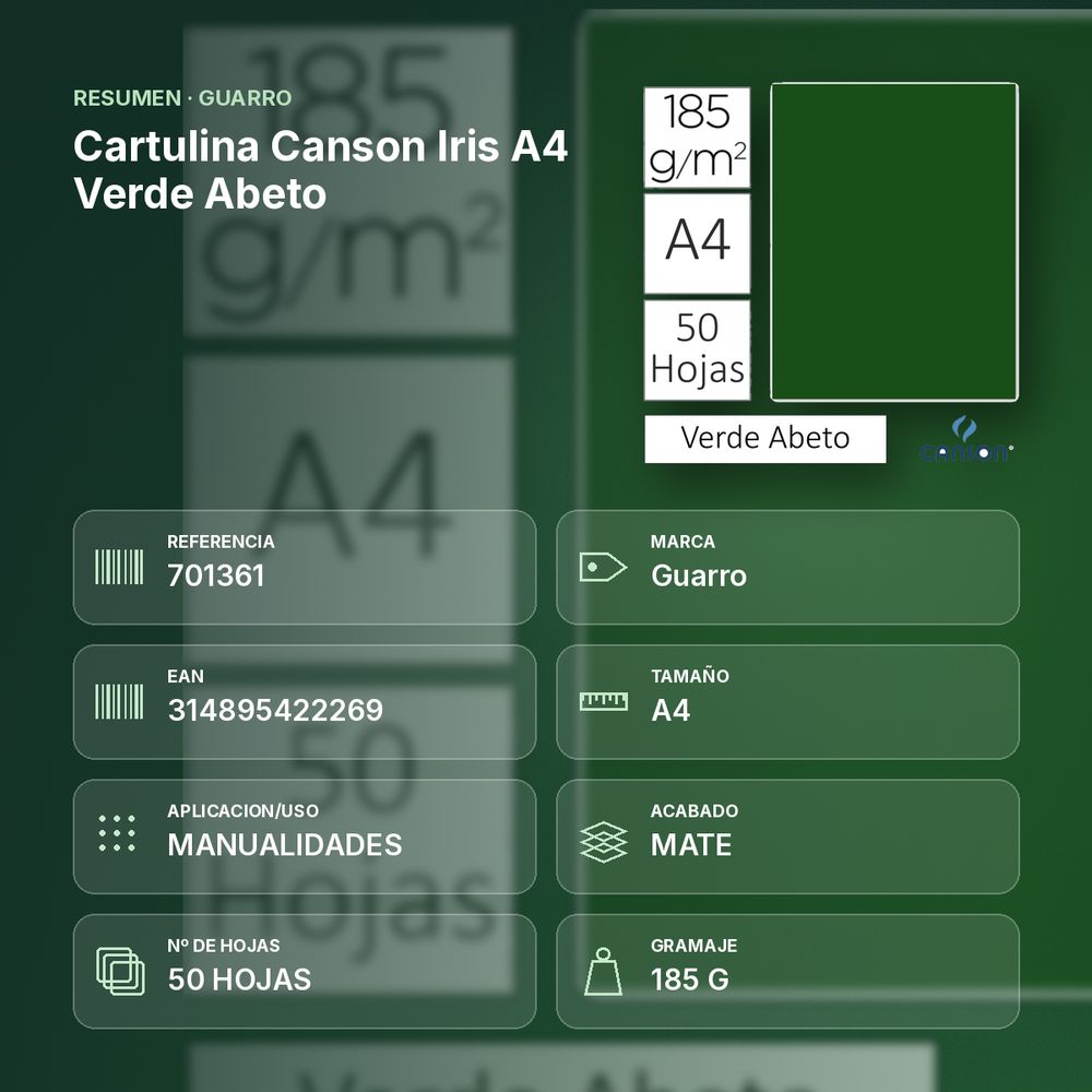 CARTULINA CANSON IRIS A4 VERDE ABETO - resumen de atributos