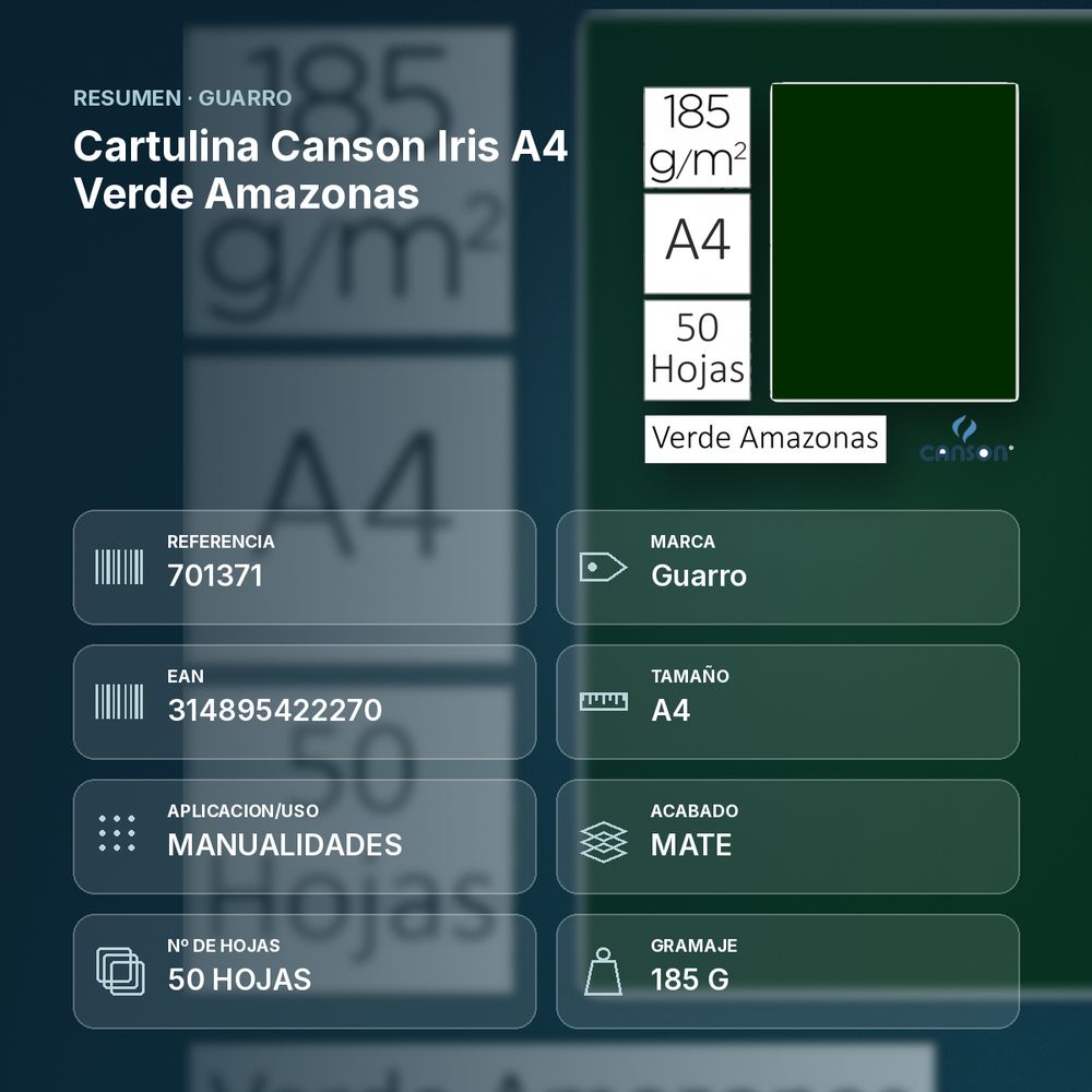 CARTULINA CANSON IRIS A4 VERDE AMAZONAS - resumen de atributos