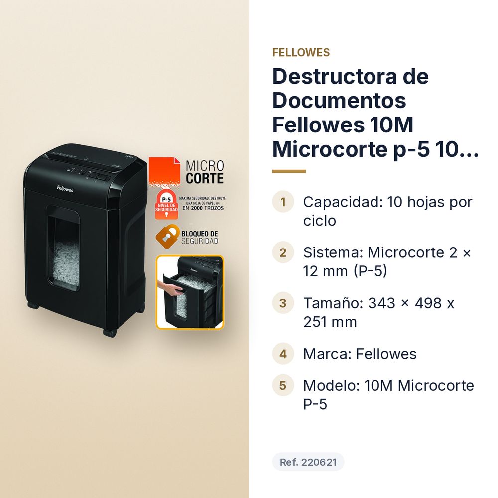 DESTRUCTORA DE DOCUMENTOS FELLOWES 10M MICROCORTE P-5 10 HOJAS - características principales