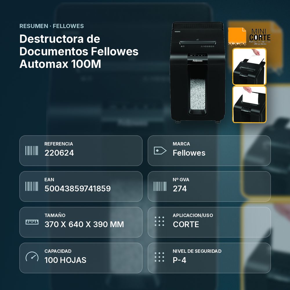 DESTRUCTORA DE DOCUMENTOS FELLOWES AUTOMAX 100M  - resumen de atributos