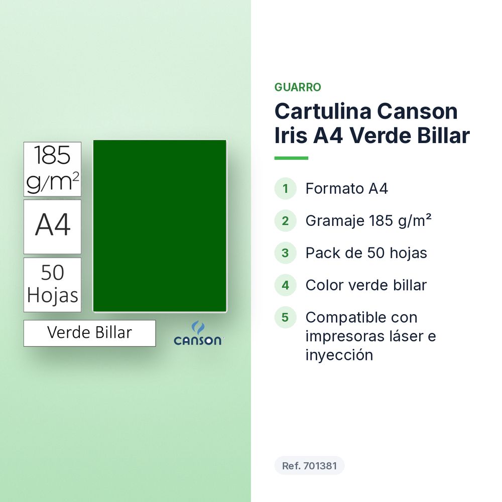 CARTULINA CANSON IRIS A4 VERDE BILLAR - características principales