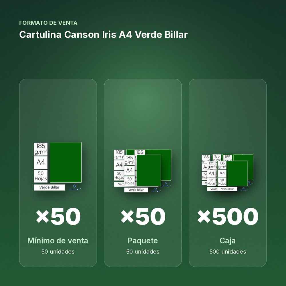 CARTULINA CANSON IRIS A4 VERDE BILLAR - formato de venta: paquete de 50, caja de 500