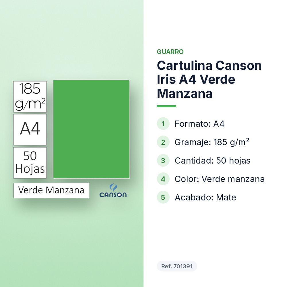 CARTULINA CANSON IRIS A4 VERDE MANZANA - características principales