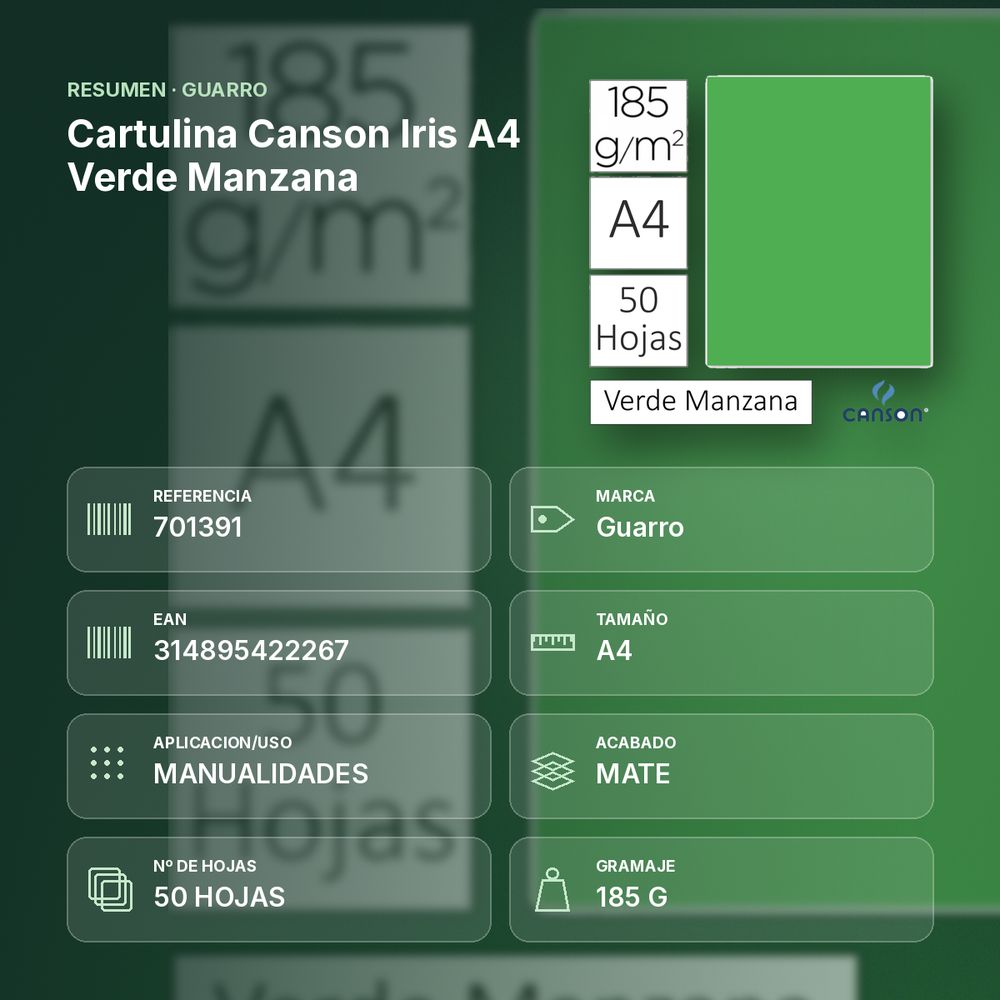 CARTULINA CANSON IRIS A4 VERDE MANZANA - resumen de atributos