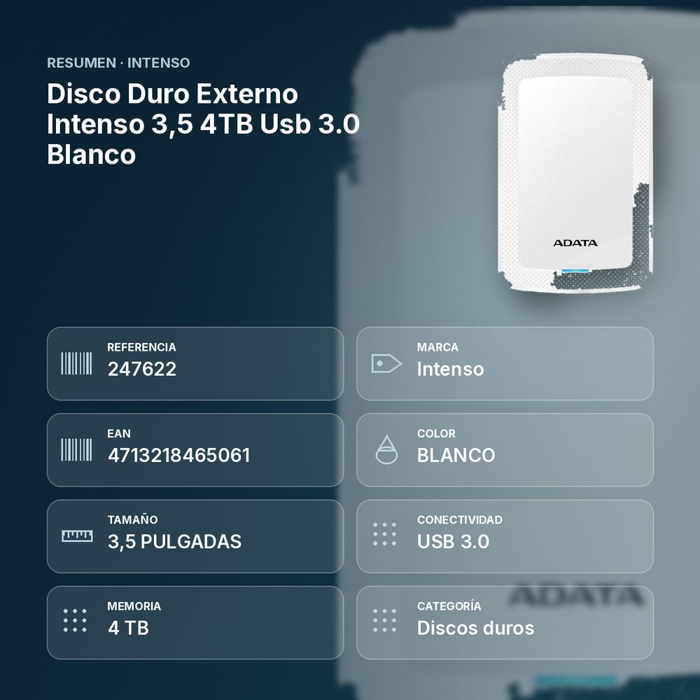 DISCO DURO EXTERNO INTENSO 3,5 4TB USB 3.0 BLANCO - resumen de atributos