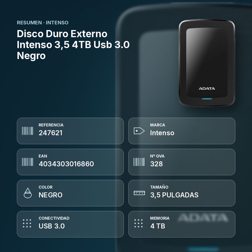 DISCO DURO EXTERNO INTENSO 3,5 4TB USB 3.0 NEGRO - resumen de atributos