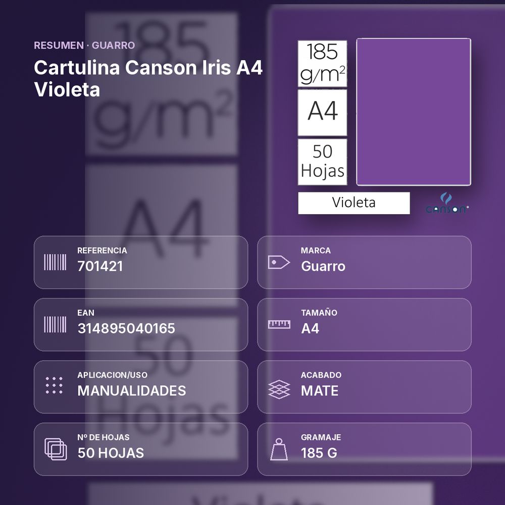 CARTULINA CANSON IRIS A4 VIOLETA - resumen de atributos