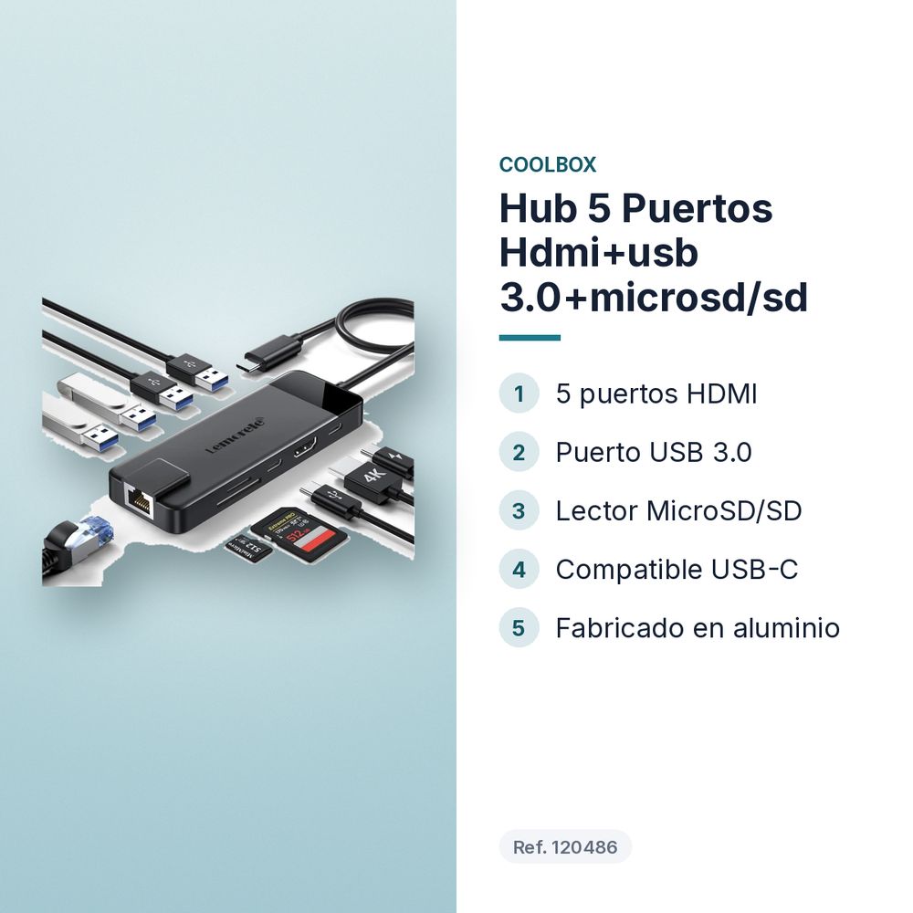 HUB 5 PUERTOS HDMI+USB 3.0+MICROSD/SD - características principales