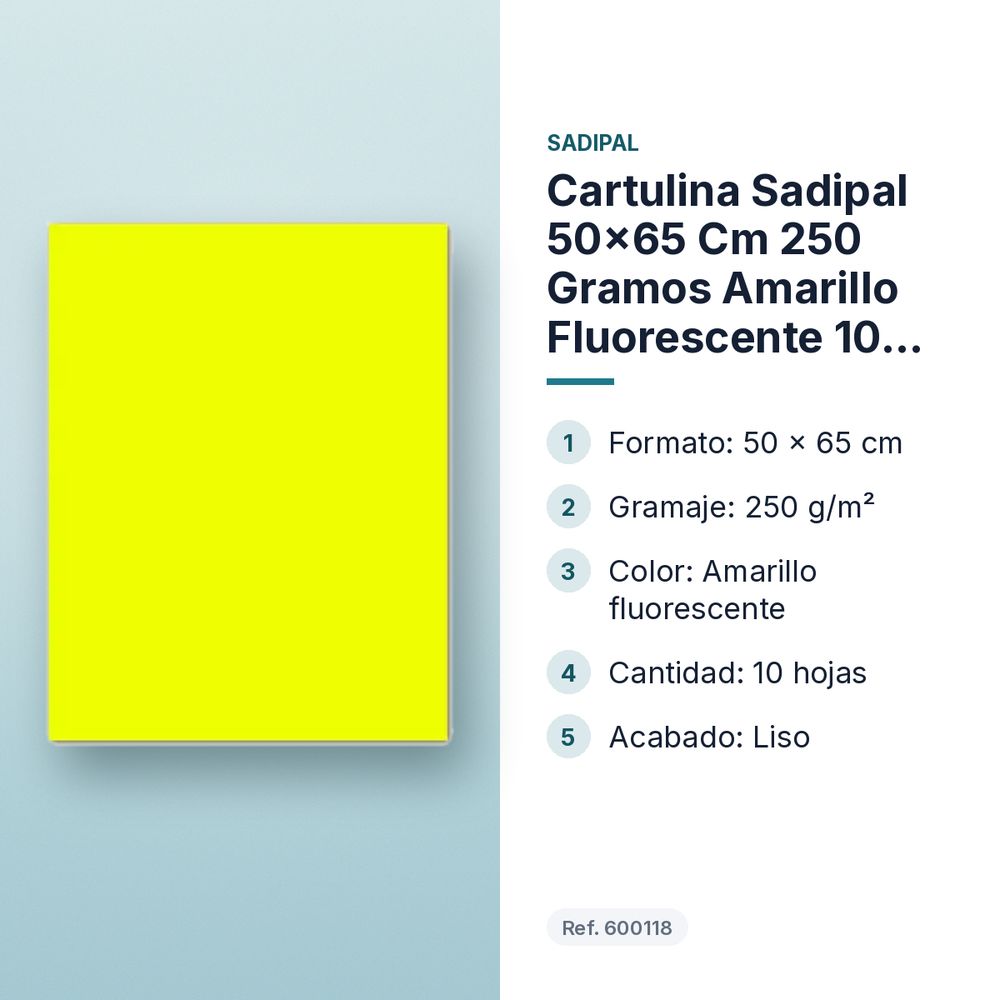 CARTULINA SADIPAL 50×65 CM 250 GRAMOS  AMARILLO FLUORESCENTE 10 HOJAS - características principales