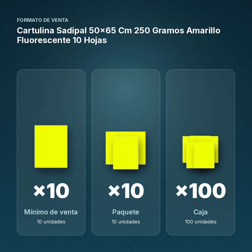 CARTULINA SADIPAL 50×65 CM 250 GRAMOS  AMARILLO FLUORESCENTE 10 HOJAS - formato de venta: paquete de 10, caja de 100