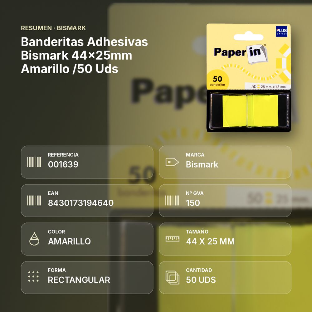 BANDERITAS ADHESIVAS BISMARK 44X25MM AMARILLO /50 UDS - resumen de atributos