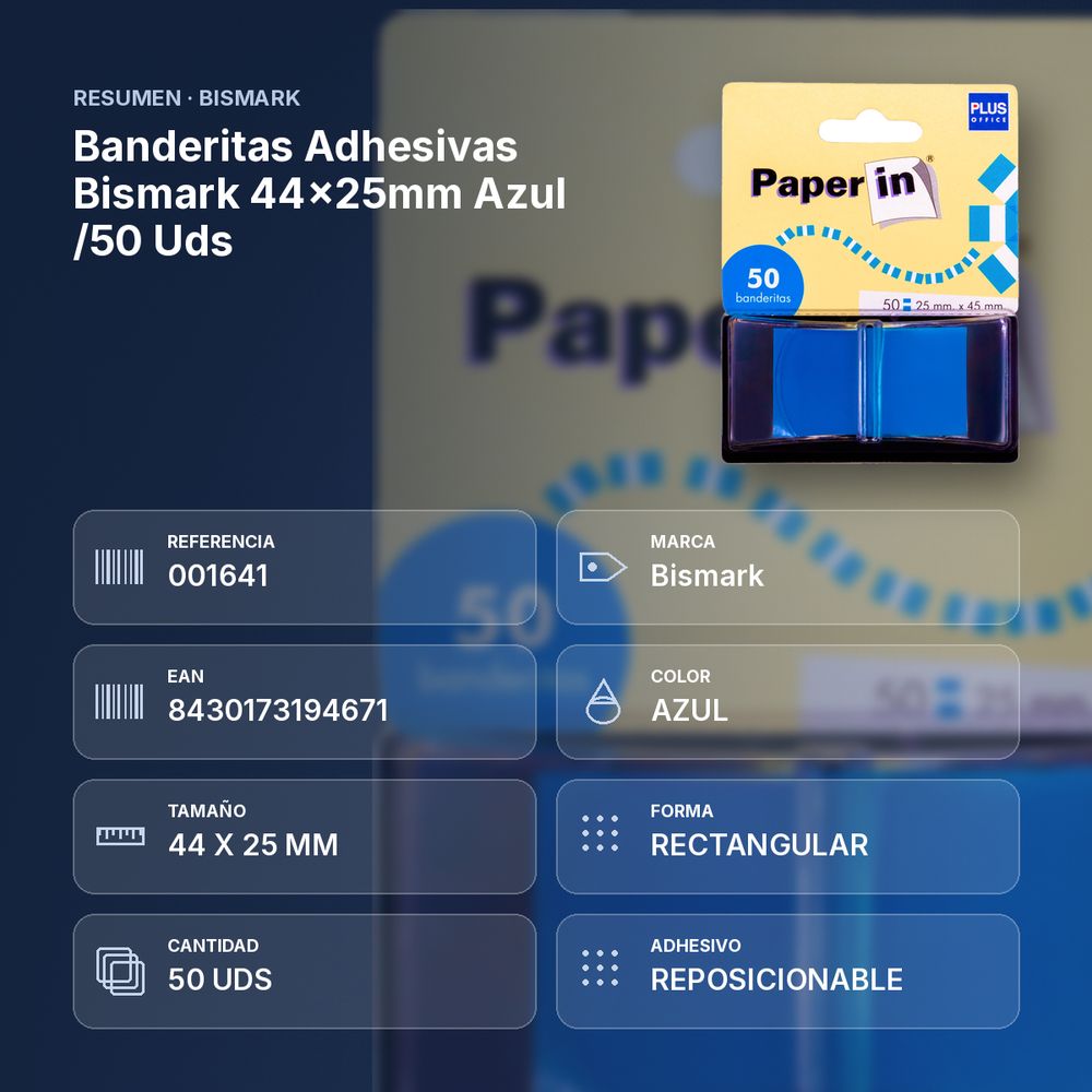 BANDERITAS ADHESIVAS BISMARK 44X25MM AZUL /50 UDS - resumen de atributos
