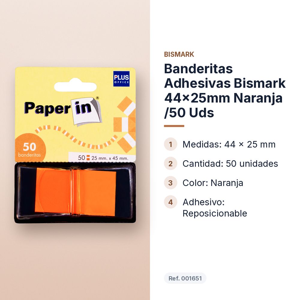 BANDERITAS ADHESIVAS BISMARK 44X25MM NARANJA /50 UDS - características principales