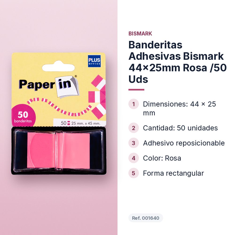 BANDERITAS ADHESIVAS BISMARK 44X25MM ROSA /50 UDS - características principales
