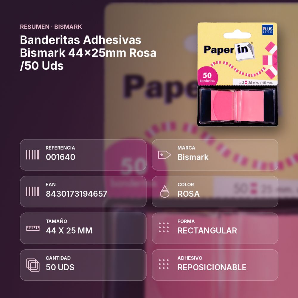 BANDERITAS ADHESIVAS BISMARK 44X25MM ROSA /50 UDS - resumen de atributos