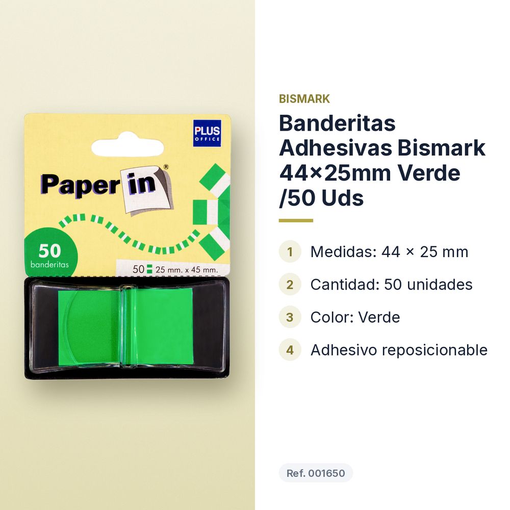 BANDERITAS ADHESIVAS BISMARK 44X25MM VERDE /50 UDS - características principales