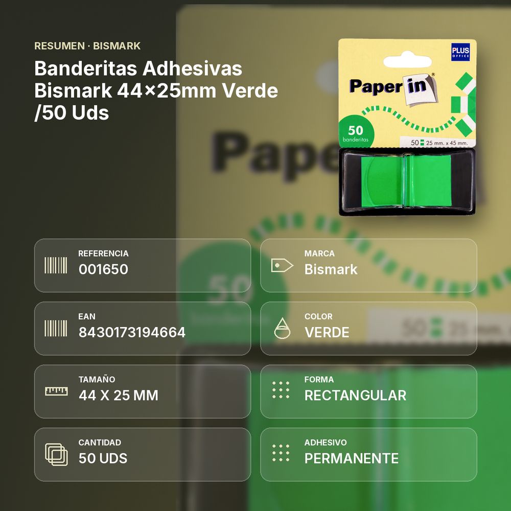 BANDERITAS ADHESIVAS BISMARK 44X25MM VERDE /50 UDS - resumen de atributos
