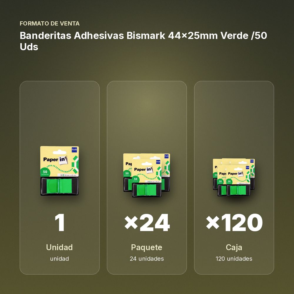 BANDERITAS ADHESIVAS BISMARK 44X25MM VERDE /50 UDS - formato de venta: paquete de 24, caja de 120